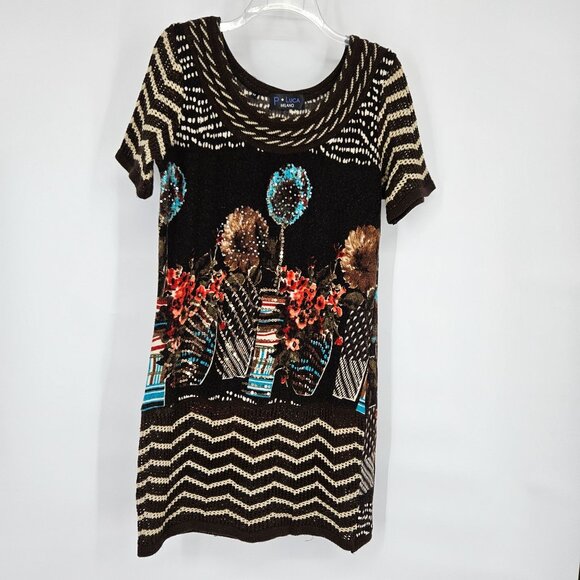P. Luca Milano Midi Knit Dress Medium Brown Floral Sequin Bling Short Sleeve - Picture 2 of 11